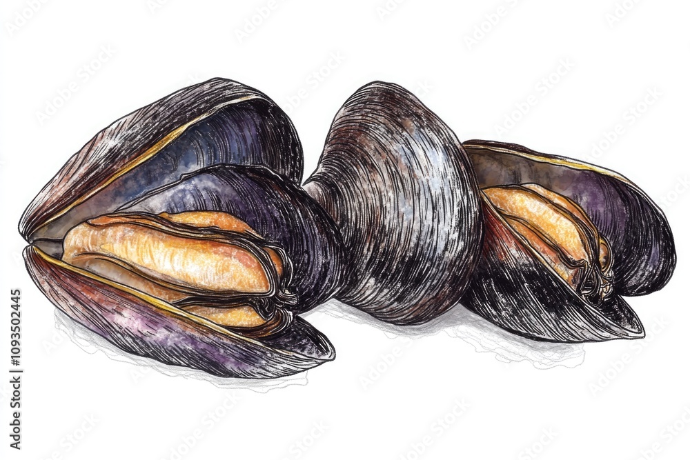 Poster a single mussel shell on a clean white surface, ideal for use in still life photography or as a symb