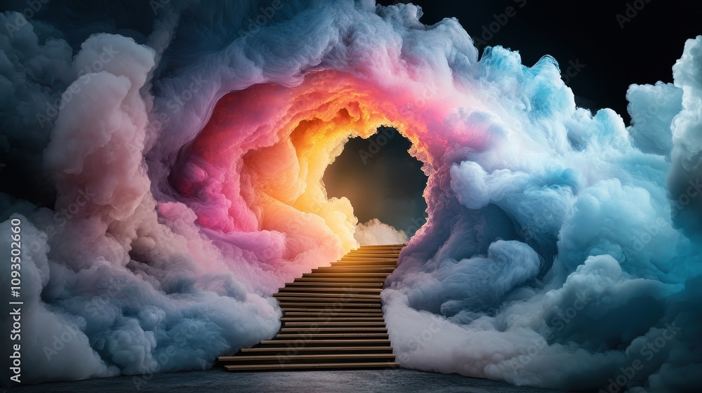 Poster a portal opening to another dimension, with swirling fractal patterns of light and energy beckoning 