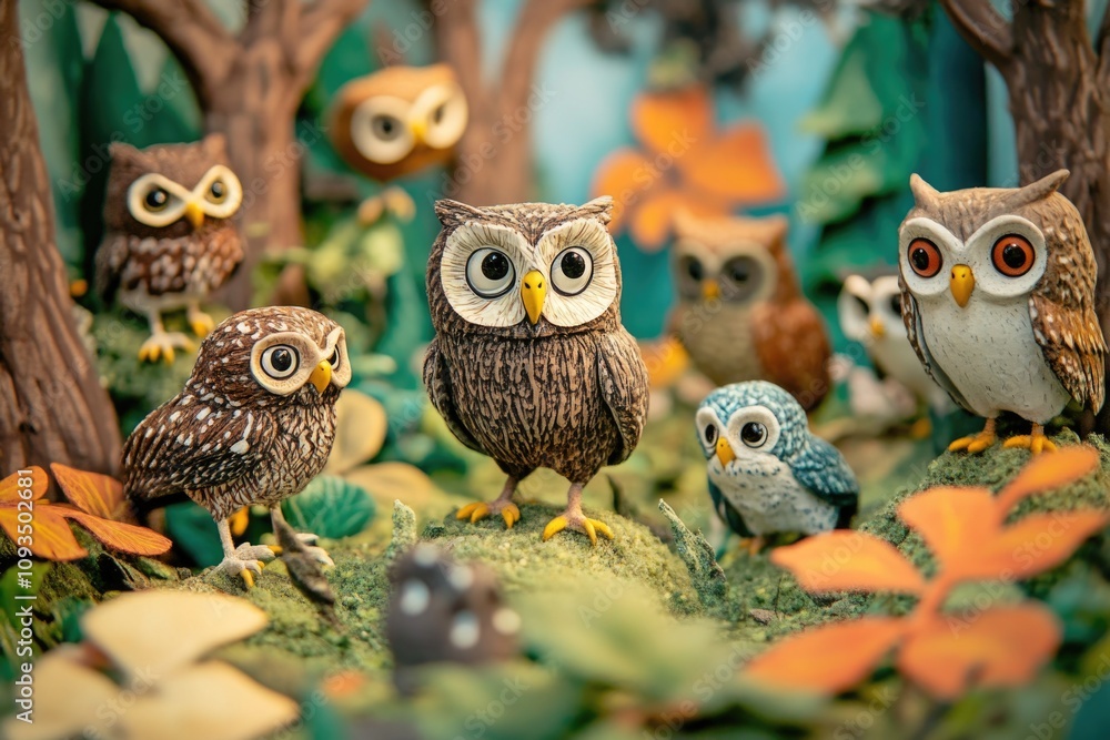 Poster a group of owls resting on the treetops of a dense forest