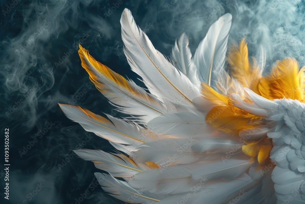 Poster a close-up view of a small white bird with bright yellow feathers on its body, possibly found in a g