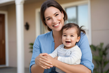 Happy mother holding and hugging her smiling baby daughter at home