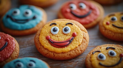 Fototapeta premium Close-up of homemade smiley face cookies with colorful icing.