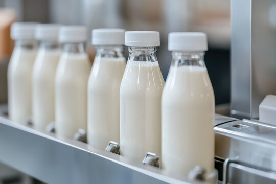 Fresh plant based milk bottles lined up on production line, showcasing clean and efficient manufacturing process. bottles are ready for packaging and distribution