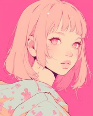 Pastel Pink Anime Girl Portrait. Soft and Dreamy Illustration