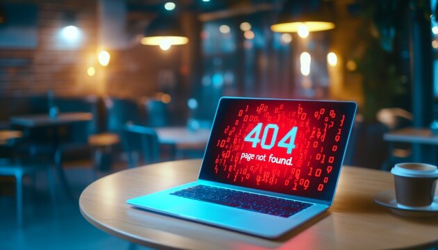 error message, a laptop screen with the text page not found in bright red text against a background of digital binary code.