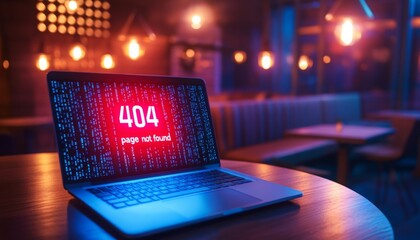 error message, a laptop screen with the text page not found in bright red text against a background of digital binary code.