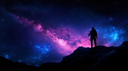 Fototapeta premium A lone hiker stands on a mountain peak, silhouetted against a breathtaking view of the Milky Way galaxy, a vibrant swathe of pink and blue across the night sky.