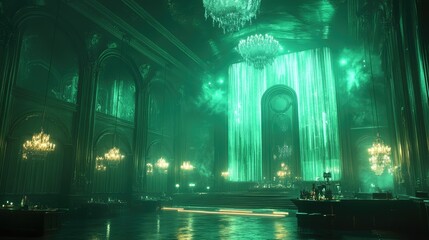 Obraz premium A grand, illuminated hall with green lighting and elegant chandeliers, evoking a mystical atmosphere.