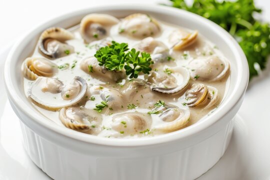 Freshly caught clams served on a white plate, perfect for seafood appetizers or main courses