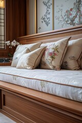 A bed with many pillows stacked on top, great for decoration or photography props