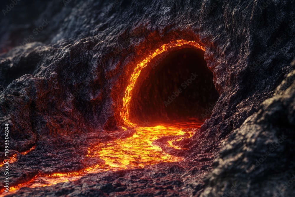 Poster a natural lava cave featuring a large hole in its center, perfect for use as a background or design 