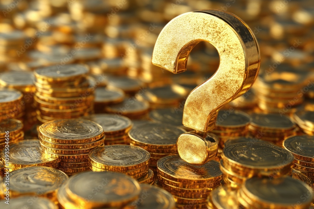 Poster a golden question mark on top of a pile of coins, symbolizing curiosity and wealth