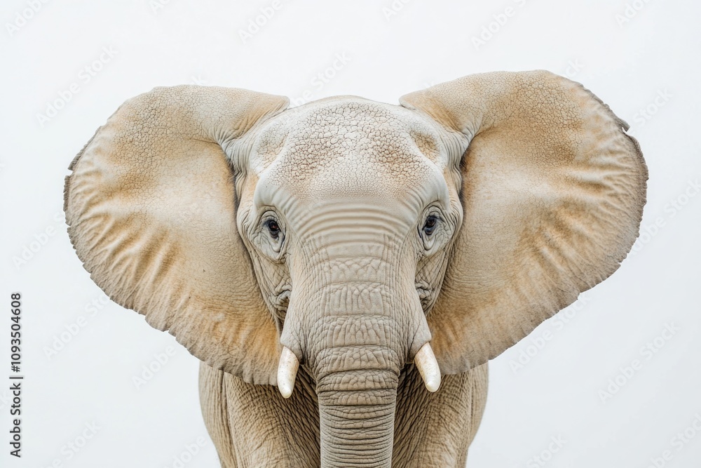Poster A close-up view of an elephant's head with large tusks, suitable for use in wildlife or conservation-related contexts