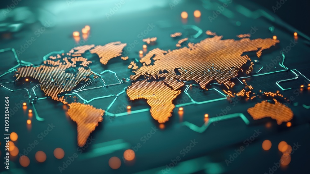 Poster a futuristic world map projected onto a holographic display, featuring glowing lines representing gl