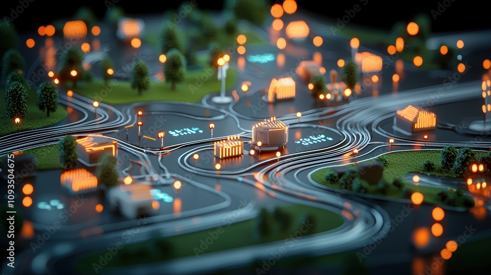 Poster a digital map of a smart city, showcasing interconnected devices, sensors, data points, traffic flow