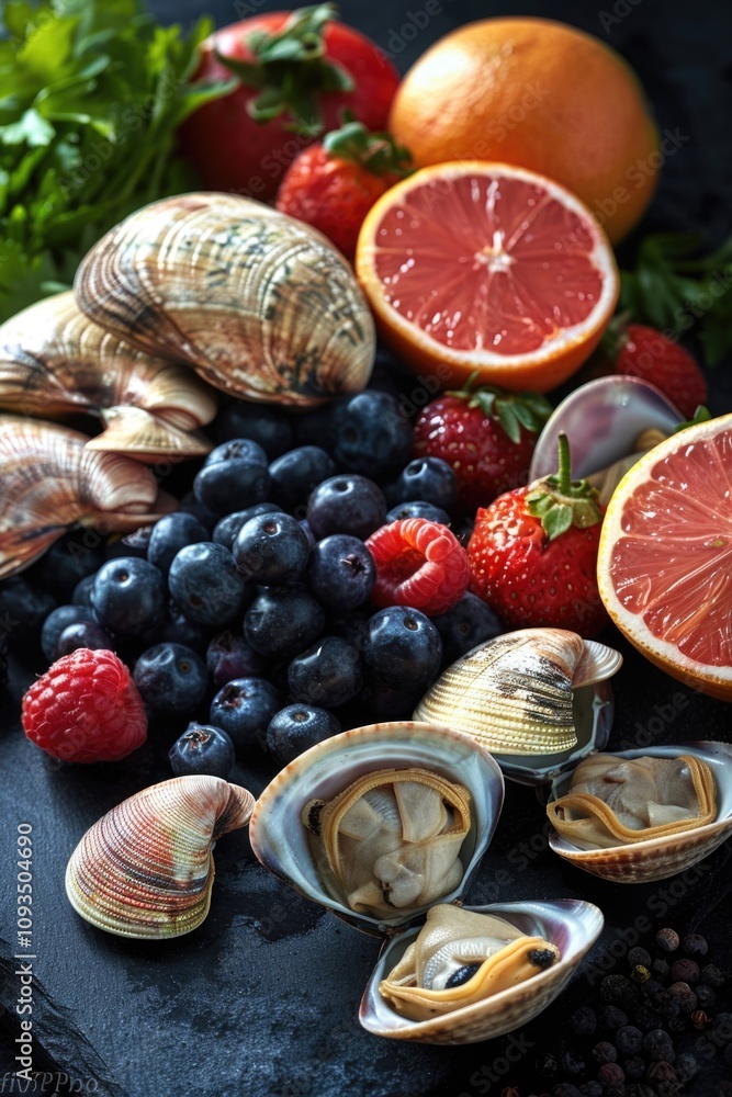 Aufkleber A colorful arrangement of assorted fruits and shells on a table