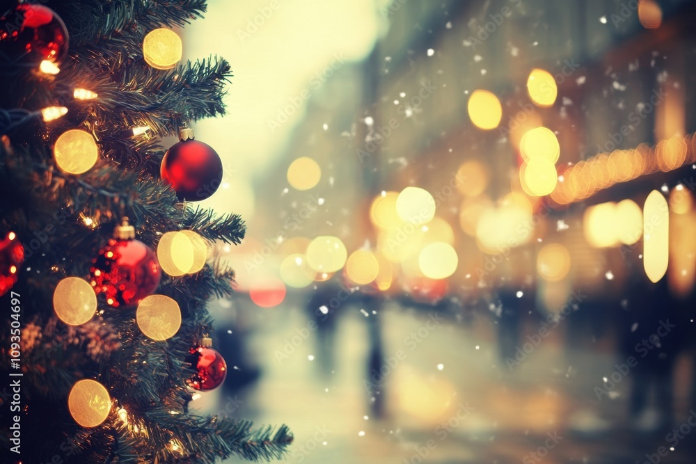 Poster blurred background of a city street with a christmas tree, night lights, and a bokeh effect abstract