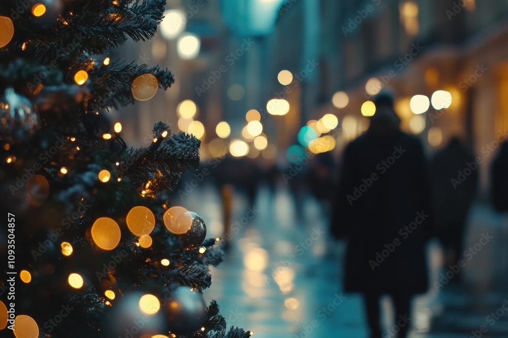 Poster blurred background of a night city with a christmas tree and bokeh lights blurred festive atmosphere