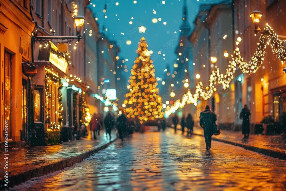 Poster blurred background of a city street with a christmas tree, night lights, and a bokeh effect abstract
