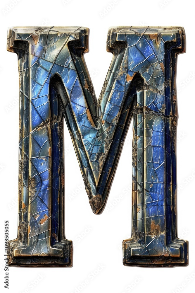 Poster a detailed view of a metal letter 'm' with intricate design and texture