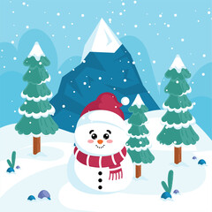 Snowman in winter forest with mountain, Vector