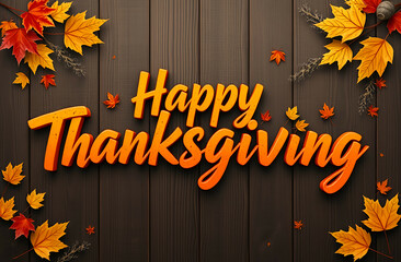 Happy Thanksgiving background greeting with autumn leaves  against a dark wood