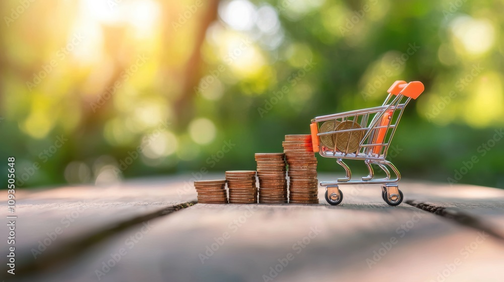 Poster a row of ascending stacks of coins with a miniature shopping cart at the base, representing the conc