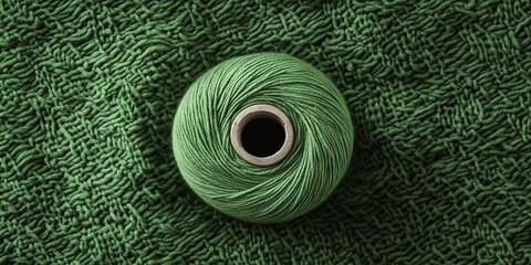 Green Yarn Ball on Knitted Fabric