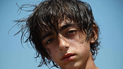 Teenage boy with shaggy oily stringy hair hanging limply over his face