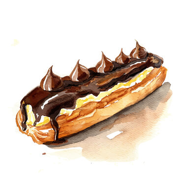 recommend clip art: A watercolor clipart of Chocolate Eclair, isolated on a white background. Chocolate Eclair vector.