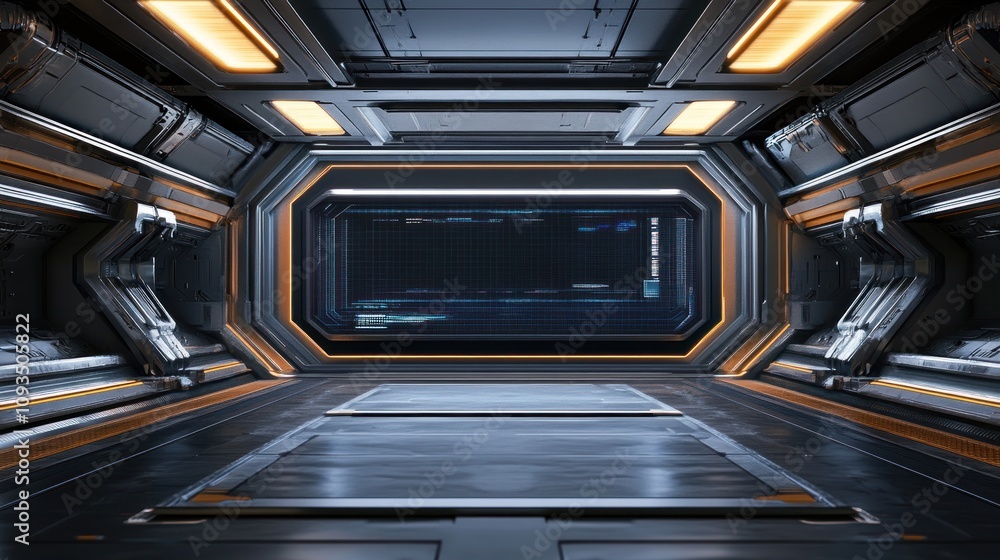 Poster Futuristic Spaceship Corridor With Digital Display