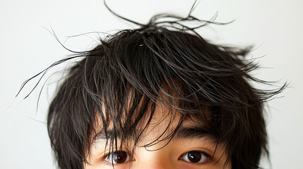 Teenage boy with shaggy oily stringy hair hanging limply over his face