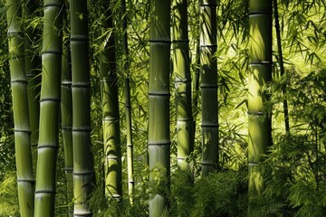 Fototapeta premium Group of tall green bamboo trees growing in a dense forest, ideal for outdoor and nature scenes