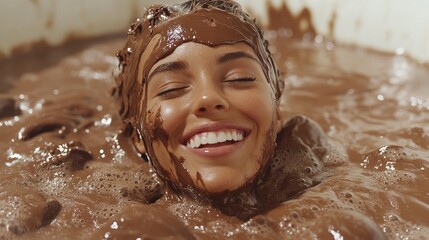 Obraz premium A joyful woman enjoying a chocolate bath, radiating happiness and relaxation.