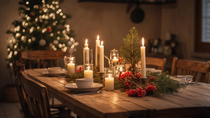 A rustic kitchen decorated for the New Year with a wooden table set for a festive meal.