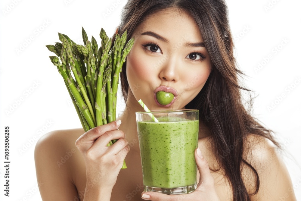 Poster a woman holds a green smoothie in front of her face, possibly hiding from the camera or trying to bl
