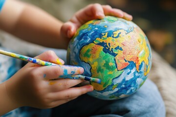 A young child is creatively painting a globe with bright colors and strokes