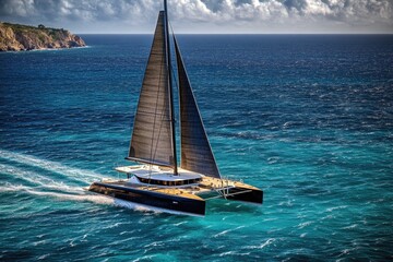 Naklejka premium A catamaran sailing in the open ocean on a cloudy day, great for travel or adventure images