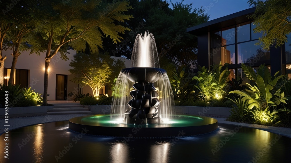 Poster here's a possible and keyword list for your image.. nighttime fountain in modern garden.