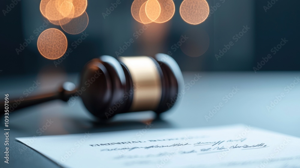 Poster a gavel striking a sound block, with a signed contract in the foreground, signifying a legally bindi