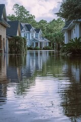 Obraz premium A city street submerged under water with houses visible in the background