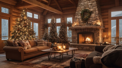Fototapeta premium An alpine lodge living room with a roaring fireplace, wooden beams, and a large Christmas tree.