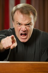 Portrait of angry judge pointing finger during intense court trial moment