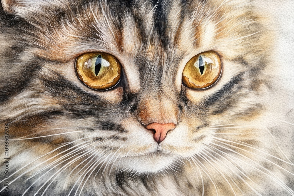 Poster a close-up view of a domestic cat's face with bright yellow eyes, suitable for use in pet-related or