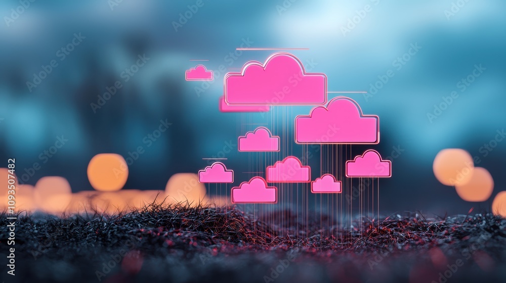 Poster abstract representation of data clouds with glowing connections, forming the shape of continents and