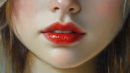 Fototapeta premium A portrait of a woman with bright red lips and a serious expression