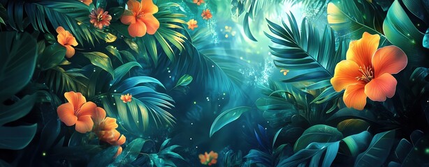 A vibrant summer illustration with abstract floral patterns, soft pastel gradients blending with warm yellows and oranges, and tropical leaves creating a cheerful and dynamic compo