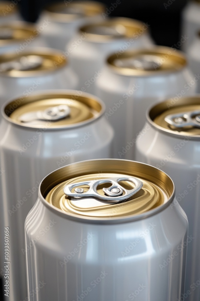 Poster close-up shot of multiple soda cans on a shelf or counter