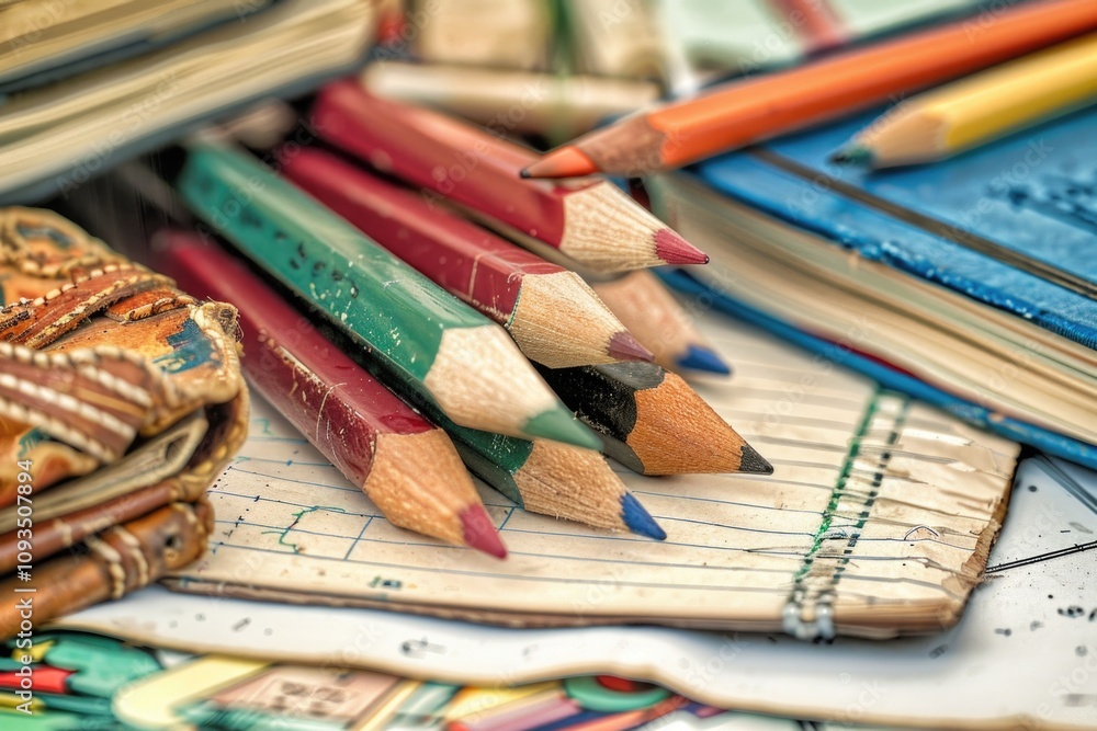 Poster a collection of colored pencils arranged on a table, suitable for use in educational or creative set