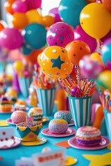 A festive table setting with vibrant balloons and sweet treats, perfect for birthday celebrations or party decor